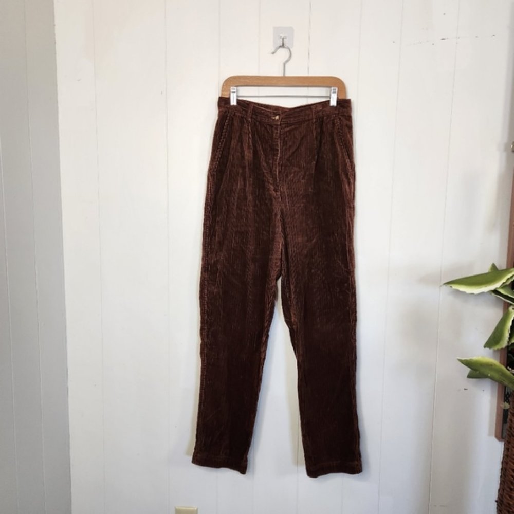 Vintage 90s High Waisted Rise Brown Corduroy Straight Leg Pants 1990s Preppy